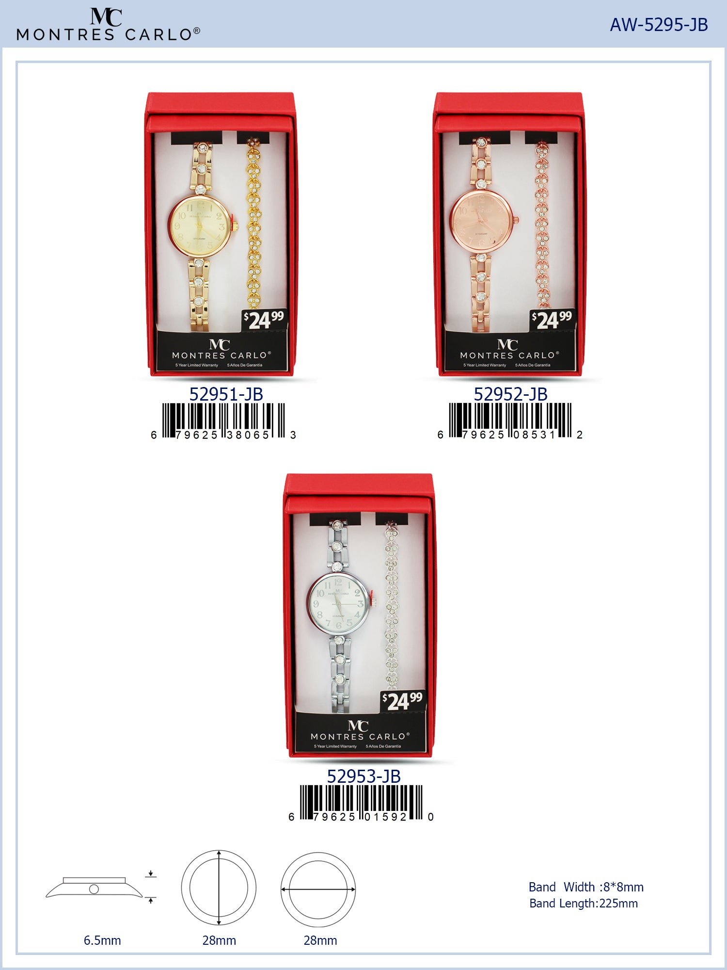 5295-JB - Montres Carlo Jewlery Gift Box with Metal Watch