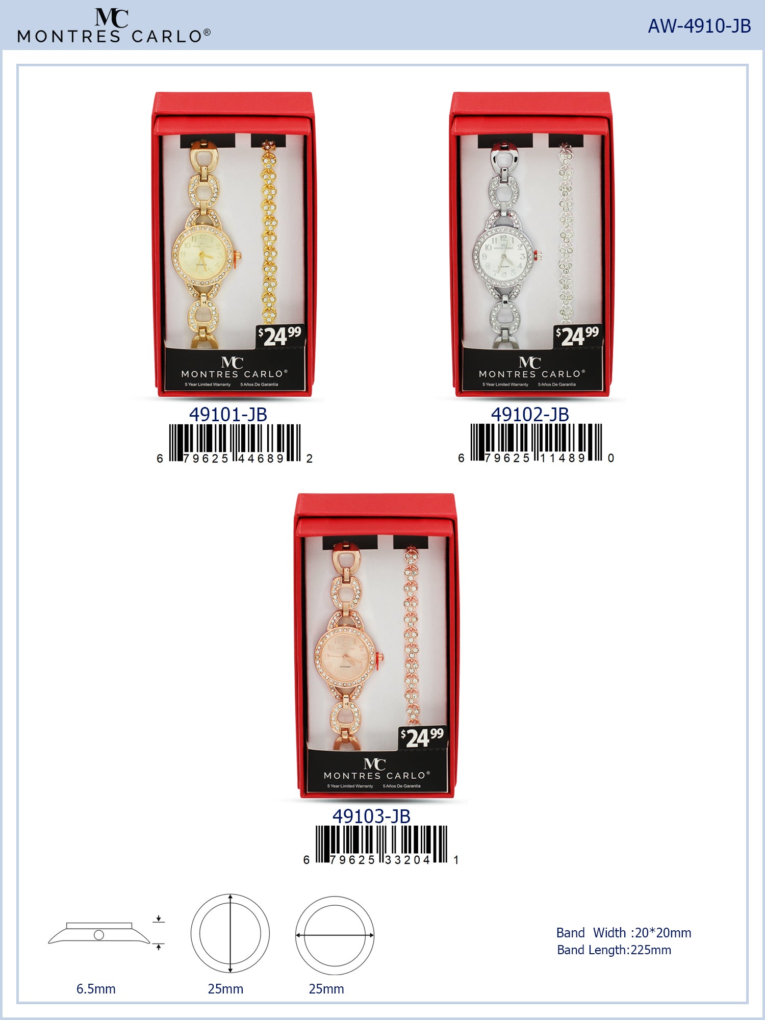 4910 -JB - Montres Carlo Jewelry Gift Box with Metal Watch