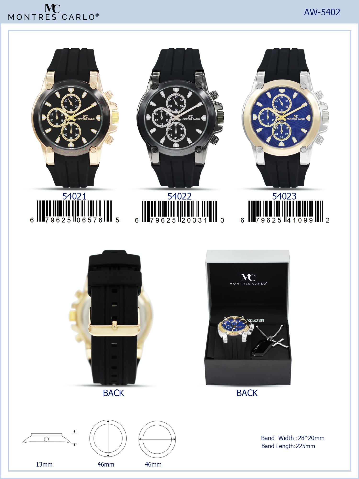 5402-Boxed Montres Carlo Silicone Band Watch With Dog Tag And Necklace