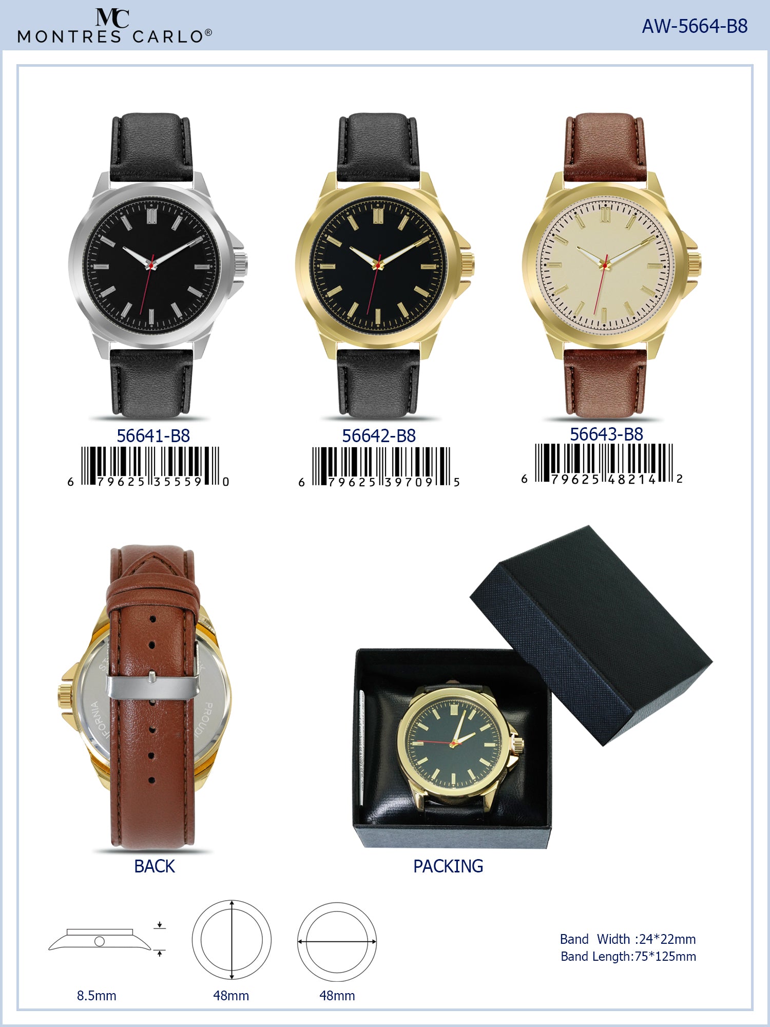 5664-B8 - Prepacked Faux Leather Band Watch