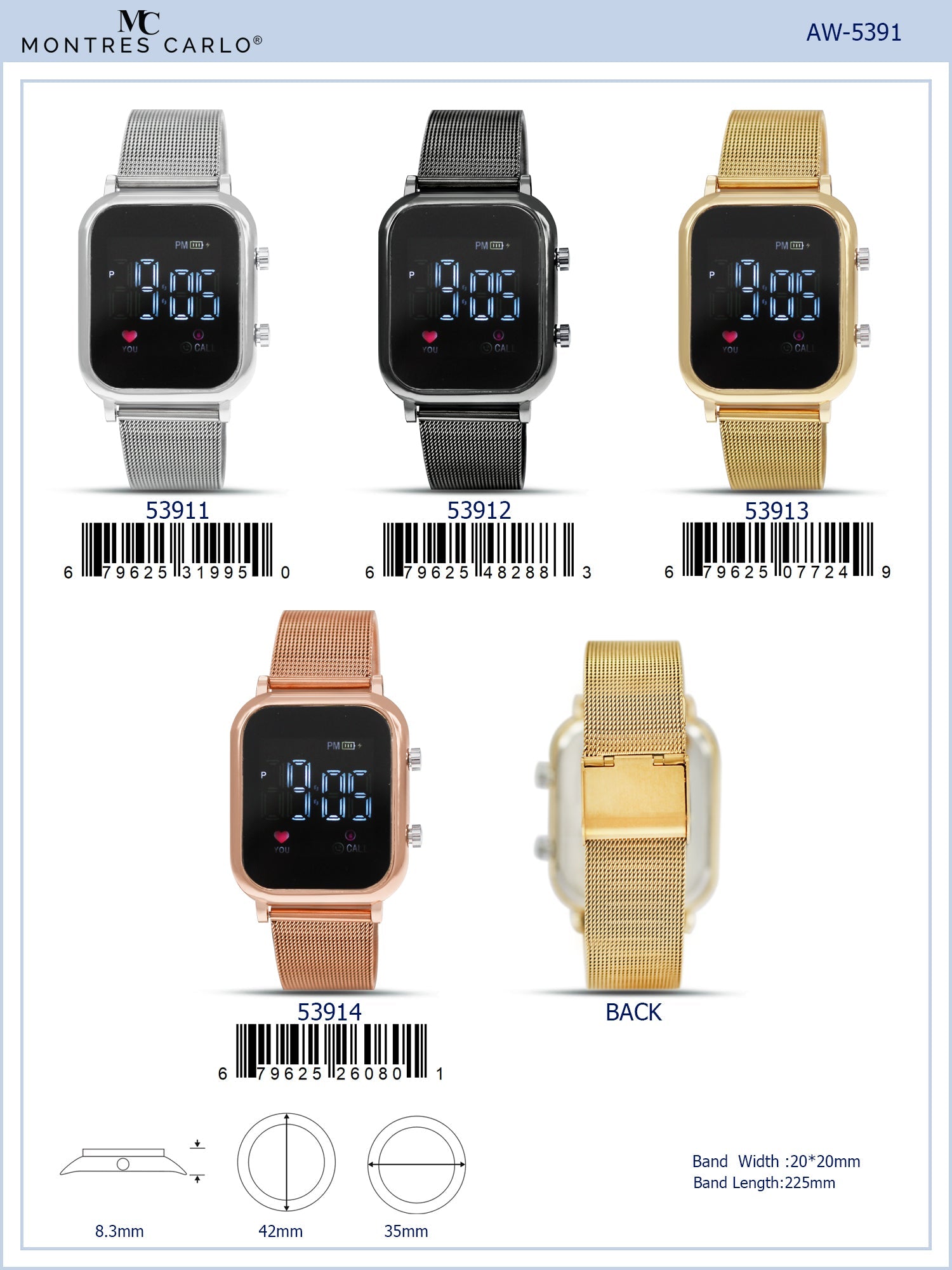 5391-Montres Carlo LED Mesh Band Watch