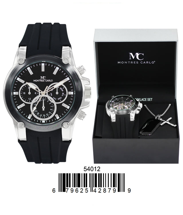 5401-Boxed Montres Carlo Silicone Band Watch With Dog Tag And Necklace