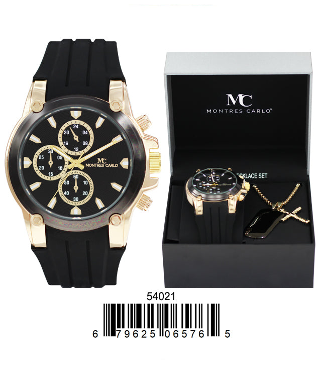 5402-Boxed Montres Carlo Silicone Band Watch With Dog Tag And Necklace