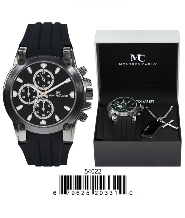 5402-Boxed Montres Carlo Silicone Band Watch With Dog Tag And Necklace