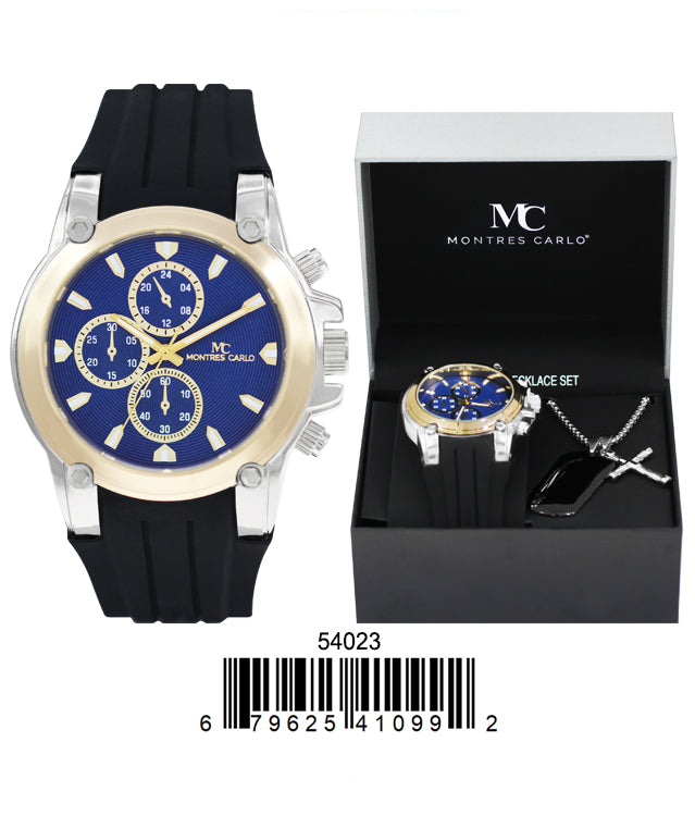 5402-Boxed Montres Carlo Silicone Band Watch With Dog Tag And Necklace