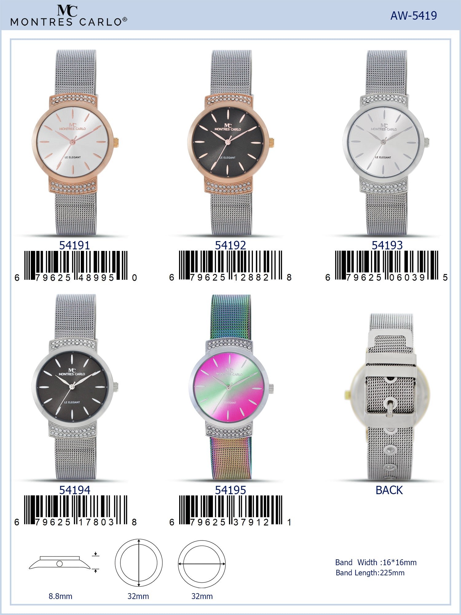 5419-Montres Carlo Mesh Band Watch