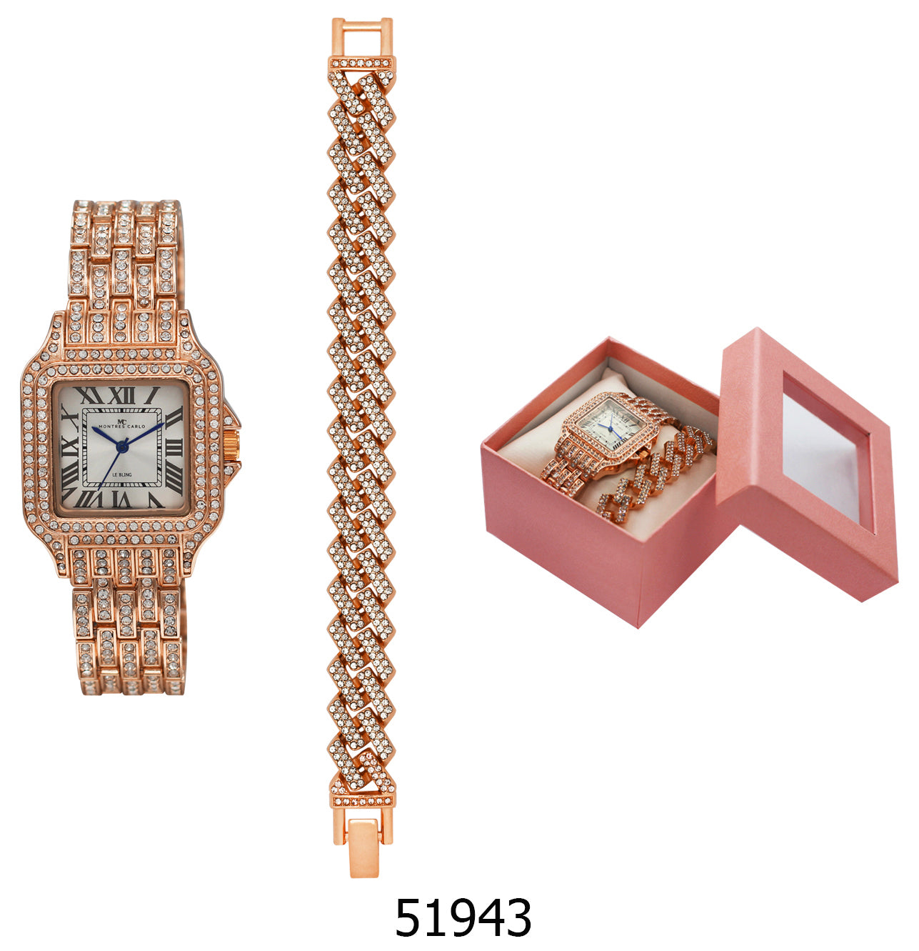 5194 - Reloj con correa de metal de hielo en caja con cadena