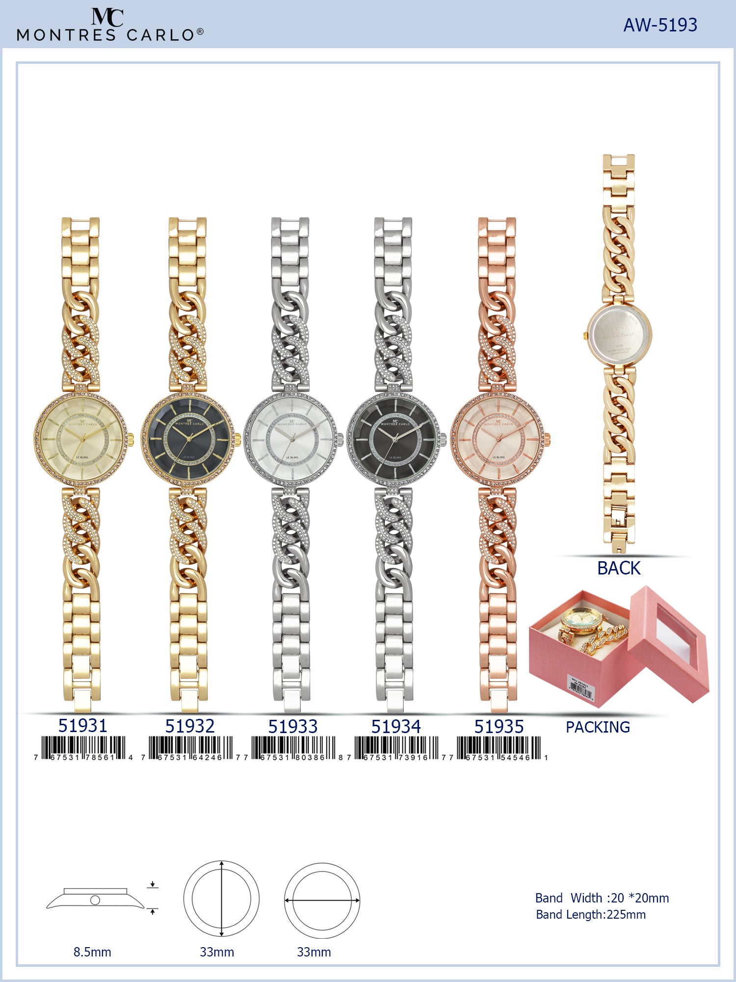 5193 - Boxed Ice Metal Bracelet Watch with Chain